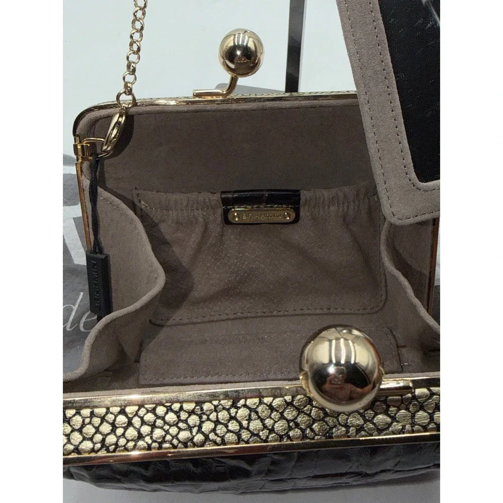 Brahmin Espresso Brown Croc Embossed Leather Kiss Lock Clutch Crossbody Bag